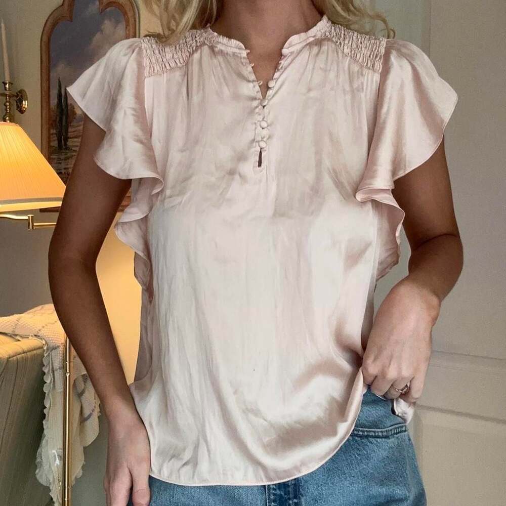 Elie Tahari Pink Satin Babydoll Blouse Ruffle Sleeve Button Front